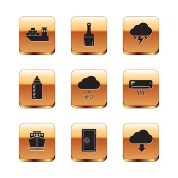 Set Cargo ship, Ship, Safe, Cloud with snow and rain, Baby bottle and Storm icon Stock Illustration