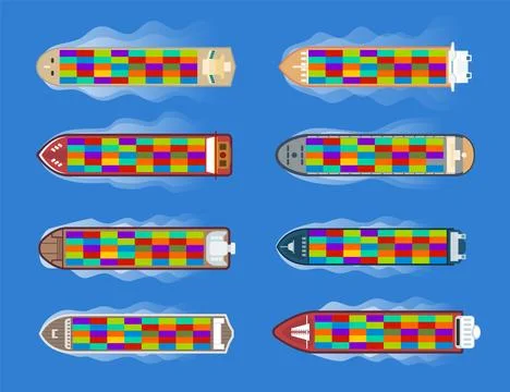 Set of cargo ship top view, cargo ship container in the ocean above view, t.. Stock Illustration