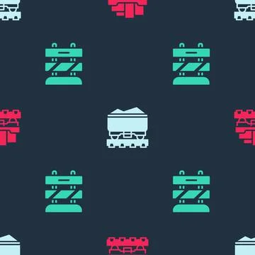 Set Cargo train wagon, Coal and End of railway tracks on seamless pattern Stock Illustration