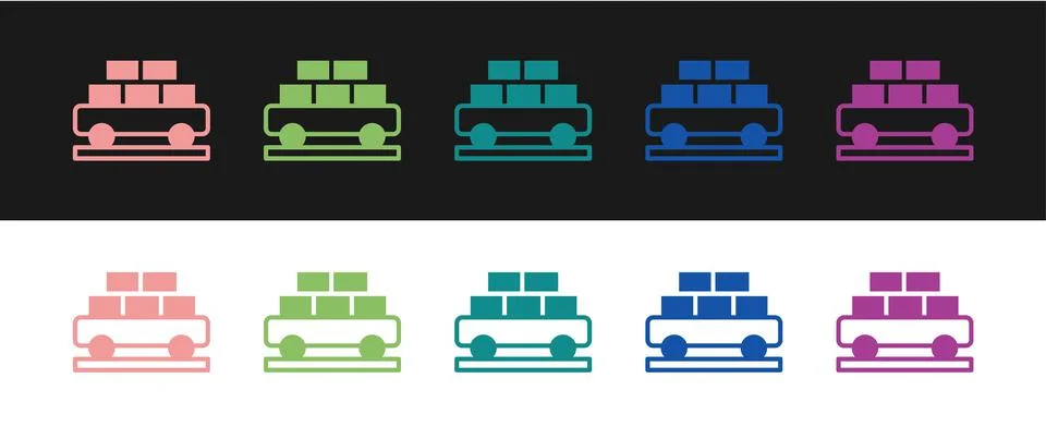 Set Cargo train wagon icon isolated on black and white background. Full freight Stock Illustration