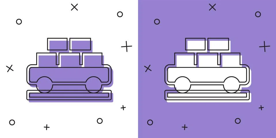 Set Cargo train wagon icon isolated on white and purple background. Full freight Stock Illustration