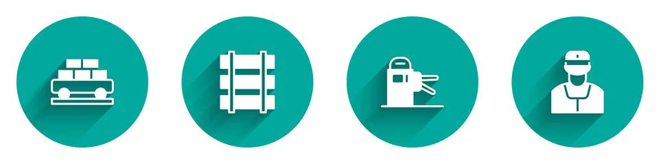 Set Cargo train wagon, Railway, railroad track, Turnstile and Train conductor Stock Illustration