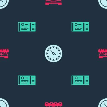 Set Cargo train wagon, Train station clock and ticket on seamless pattern Stock Illustration
