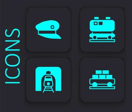 Set Cargo train wagon, Train driver hat, Oil railway cistern and tunnel icon. イラスト素材