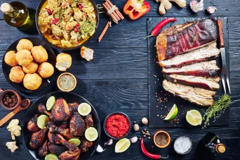Set of caribbean dishes on a table Foto stock