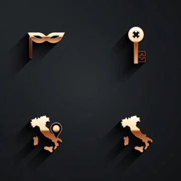 Set Carnival mask, Old key, Map of Italy and icon with long shadow. Vector Stock Illustration