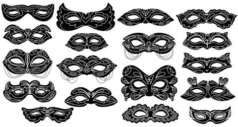 Set of carnival masks. Black vector element, linocut Illustration