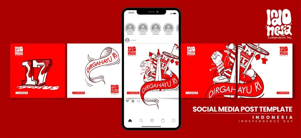 Set of carousel post design with doodle art of indonesia independence day Stock Illustration