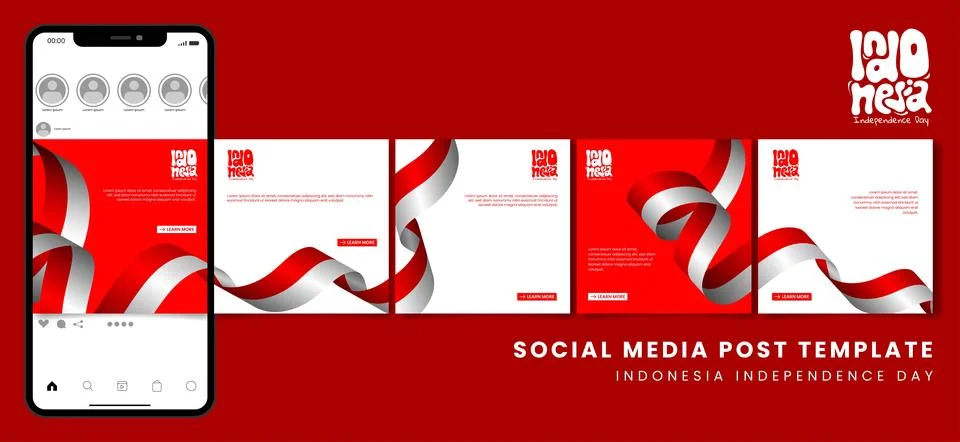 Set of carousel post design with realistic waving indonesian flag in red wh.. Stock Illustration