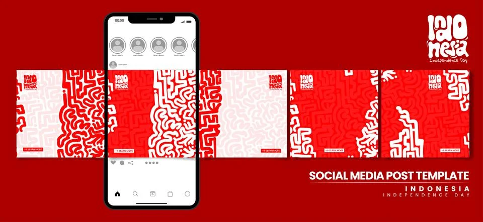 Set of carousel post design with red white abstract maze background for Ind.. Stock Illustration