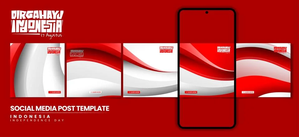 Set of carousel post design in red white background with waving realistic b.. Stock Illustration