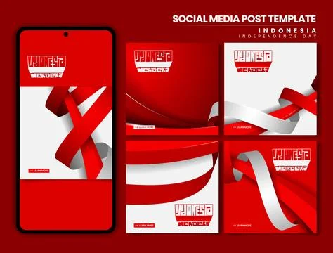 Set of carousel post design with ribbon surrounding 3d red shape for indone.. Stock Illustration