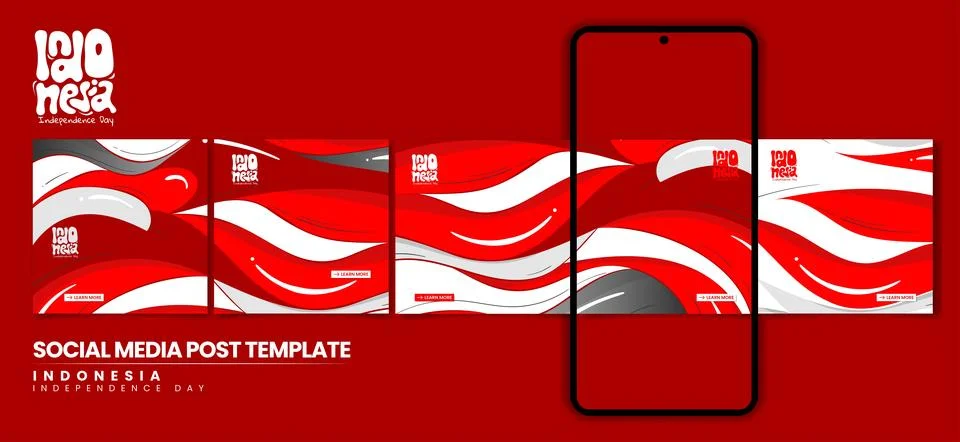 Set carousel post design in waving red white background for indonesia indep.. Stock Illustration