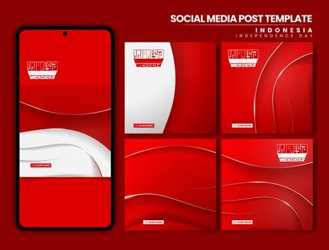 Set of carousel post in red white waving line with shadow design for indone.. Stock Illustration