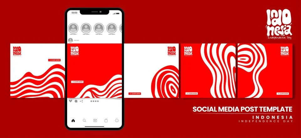 Set of carousel post template with irregular lines in red white design for .. Stock Illustration