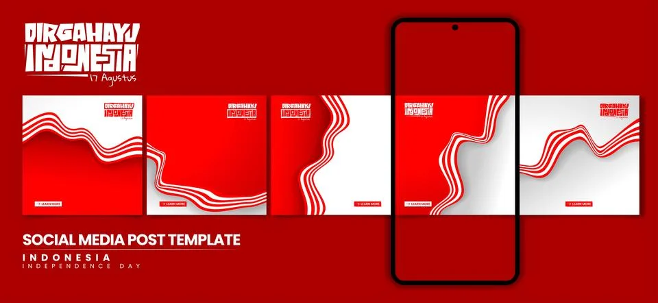 Set of carousel post template with waving red white ribbon design for indon.. 스톡 일러스트