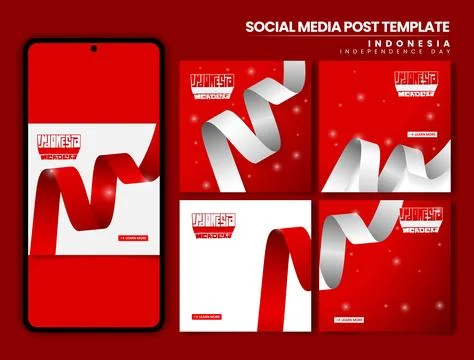 Set of carousel post with waving ribbon in red white design for indonesia i.. Stock Illustration