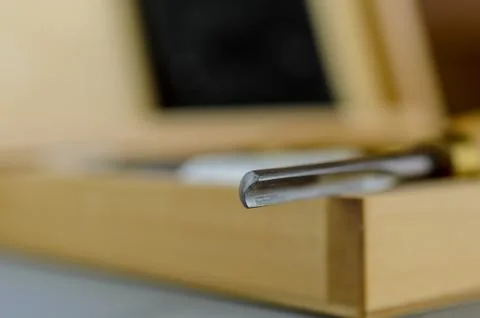 Set of carpenter tools in box on the table Stock Photos