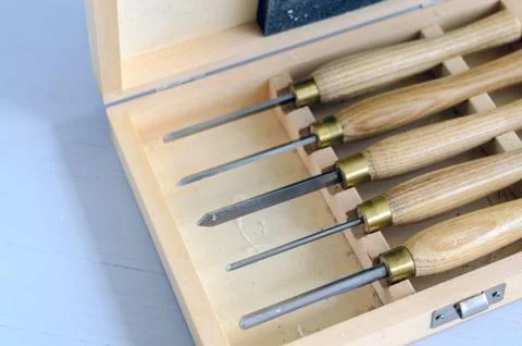 Set of carpenter tools in box on the table Stock Photos