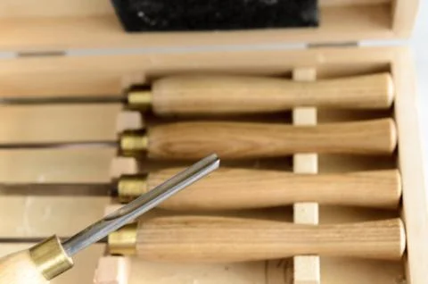 Set of carpenter tools in box on the table Stock Photos