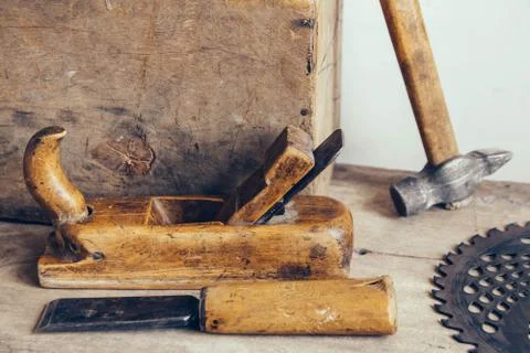 Set of carpenters tool at carpenters workshop Stock Photos