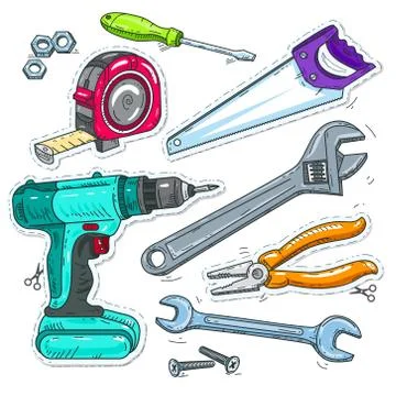 Set of carpentry tools, drill, saw and tape measure Stock Illustration