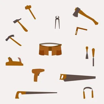 A set of carpentry tools. Steel and wooden hammer, saw, chisel. Stock Illustration
