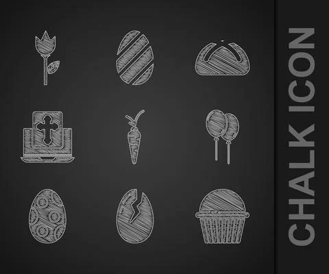 Set Carrot, Broken egg, Easter cake, Balloons with ribbon, Cross the laptop 스톡 일러스트