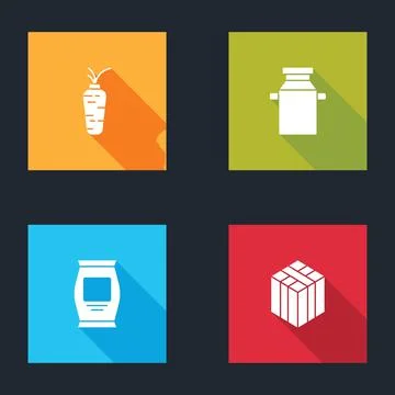 Set Carrot, Can container for milk, Fertilizer bag and Bale of hay icon. Vector Stock Illustration