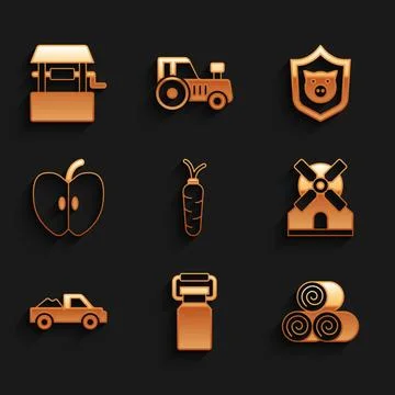 Set Carrot, Can container for milk, Roll of hay, Windmill, Pickup truck, Ap.. Stock Illustration