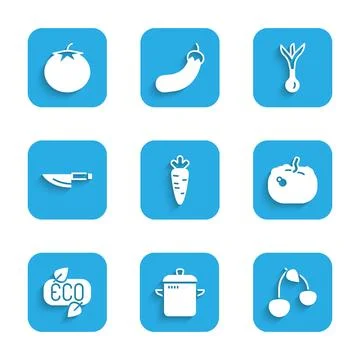 Set Carrot, Cooking pot, Cherry, Pumpkin, Leaf Eco symbol, Knife, Onion and.. Stock Illustration