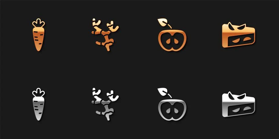 Set Carrot, Ginger root, Apple and Homemade fruit pie icon. Vector Stock Illustration