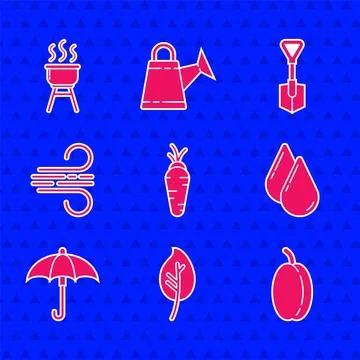 Set Carrot, Leaf or leaves, Plum fruit, Water drop, Umbrella, Wind, Shovel and Stockillustratie