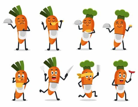Set of carrot with various activity of chef with tools vector Illustrazione stock