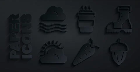 Set Carrot, Waterproof rubber boot, Sun and cloud weather, Acorn, Coffee cup to Illustrazione stock