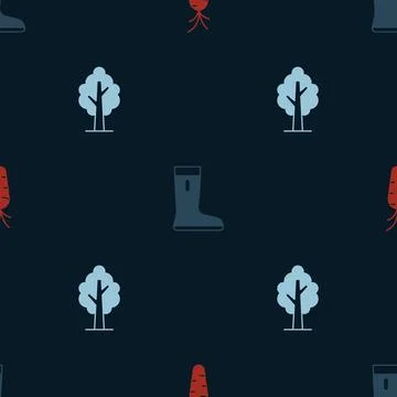 Set Carrot, Waterproof rubber boot and Tree on seamless pattern. Vector Stock Illustration