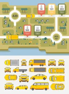 Set cars and highways map Stock Illustration