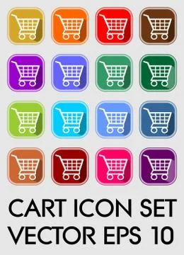 Set of cart icons, rounded square in different color variants, flat buttons w Stock Illustration