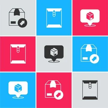 Set Carton cardboard box, Envelope and Location with icon. Vector Illustrazione stock