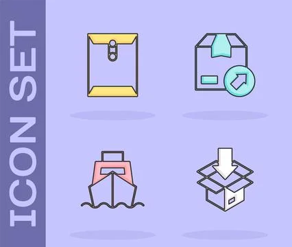 Set Carton cardboard box, Envelope, Cargo ship with boxes delivery and  ico.. Stock Illustration