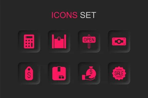Set Carton cardboard box, Paper shopping bag, Calculator, Money, Stacks pap.. 스톡 일러스트