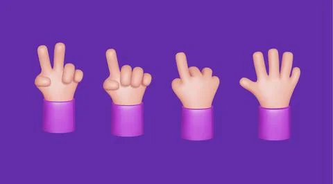 Set of cartoon 3d hands . Hand group. Peace sign, ok sign tap, point out hand Stock Illustration