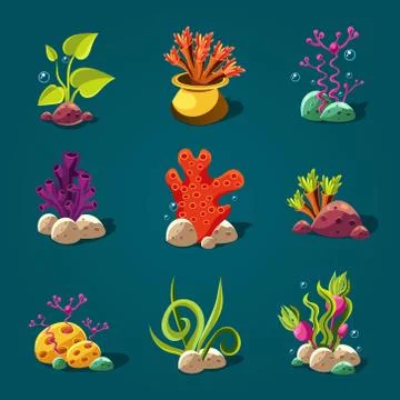 Set of Cartoon Algae, Elements for Aquarium Decoration Stock Illustration