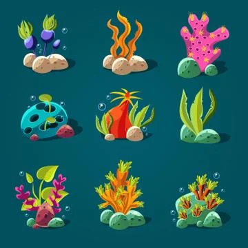 Set of Cartoon Algae, Elements for Aquarium Decoration 스톡 일러스트