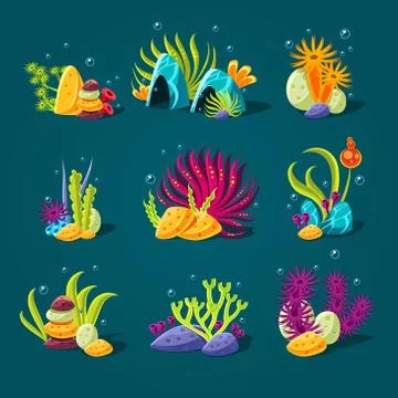 Set of cartoon algae, elements for aquarium decoration Illustrazione stock