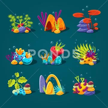Set of cartoon algae, elements for aquarium decoration Stock Illustration