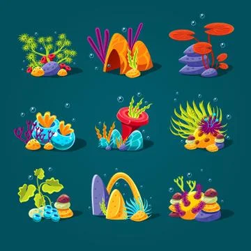 Set of cartoon algae, elements for aquarium decoration Illustrazione stock
