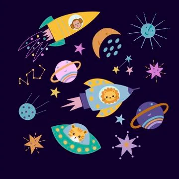 Set of cartoon animals flying in space Stock Illustration