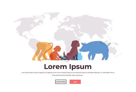 Set cartoon animals silhouettes on world map background full length horizontal Stock Illustration