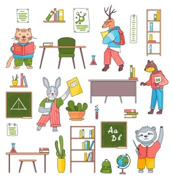 Set of cartoon animals students studying, reading, with notebook, learning Stock Illustration